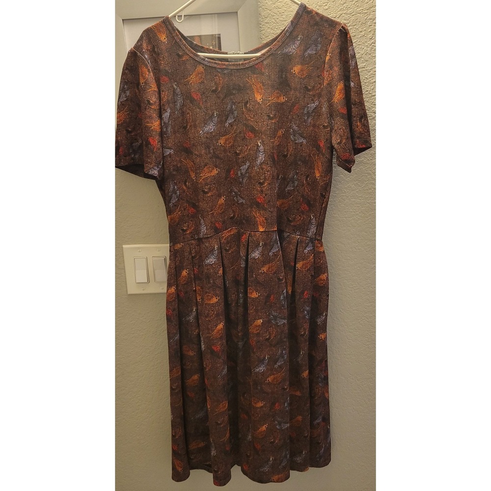 LuLaRoe Amelia Dress 3XL Brown Bird‎ Print Fit & Flare Short Sleeve Pleated Knit